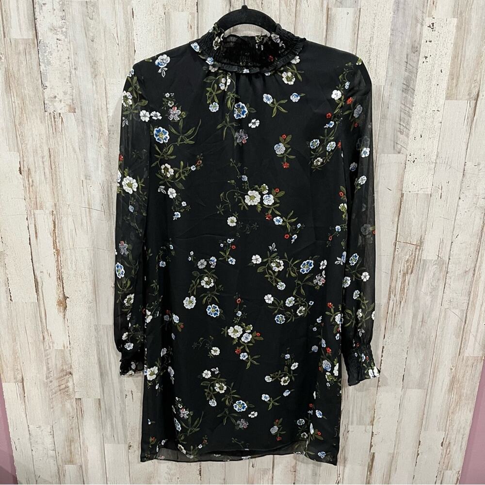 H&M Black Floral Mock Neck Sheer Sleeve Dress Knee Length 2 Dark Goth